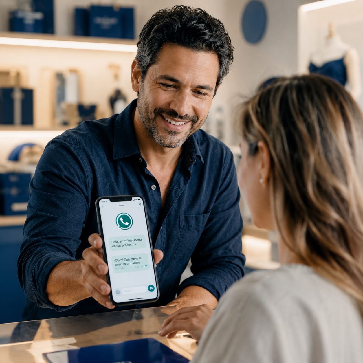 Dueño de negocio mostrándole a un cliente una conversación de WhatsApp ya respondida en su celular